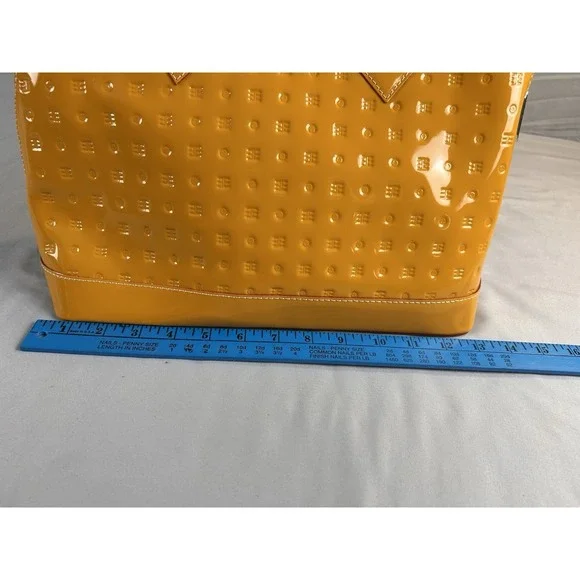 Arcadia Italy Patent Leather Satchel Mustard Yellow Embossed Handbag - Picture 5 of 13